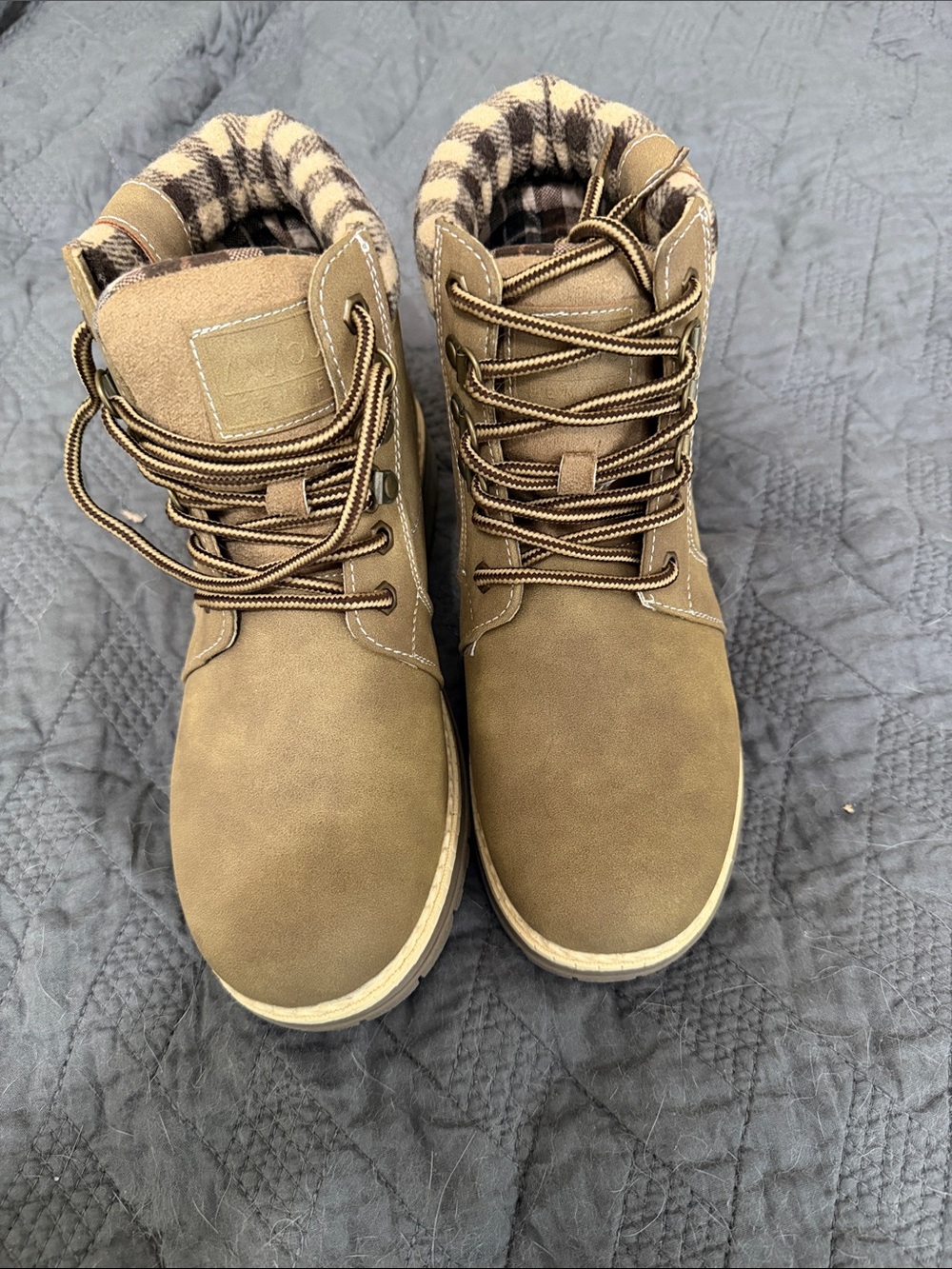 Brown Lace-Up Plaid-Lined Boots